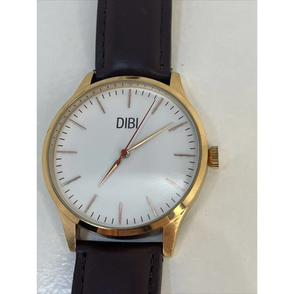 DIBI Men's White Round Dial Rose Gold Tone Brown Faux Leather Watch- New Battery